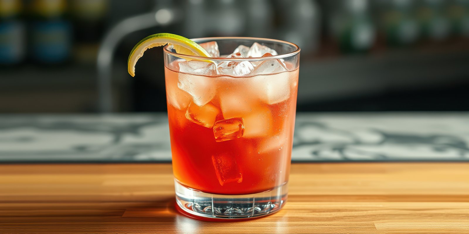 Refreshing cocktail with ice and a lime slice served at a bar in the evening hours